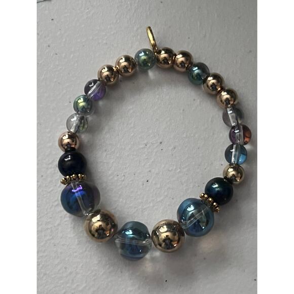 Mixed Metal Beaded Iridescent Glass Handmade Futuristic Design Stretch - Picture 2 of 3